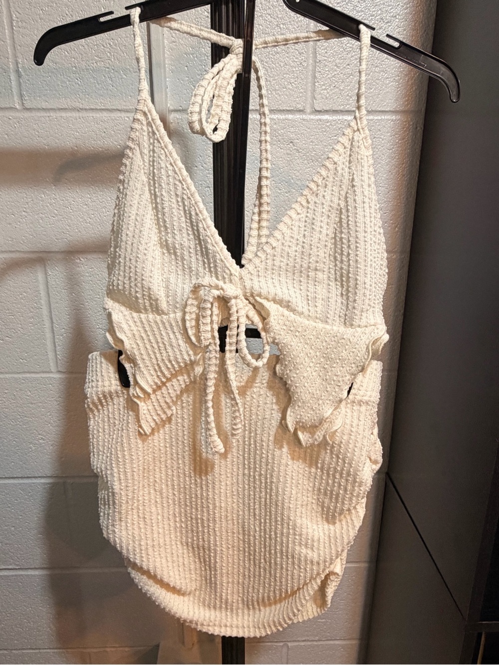 Cream Textured Mini Dress with Tie Front